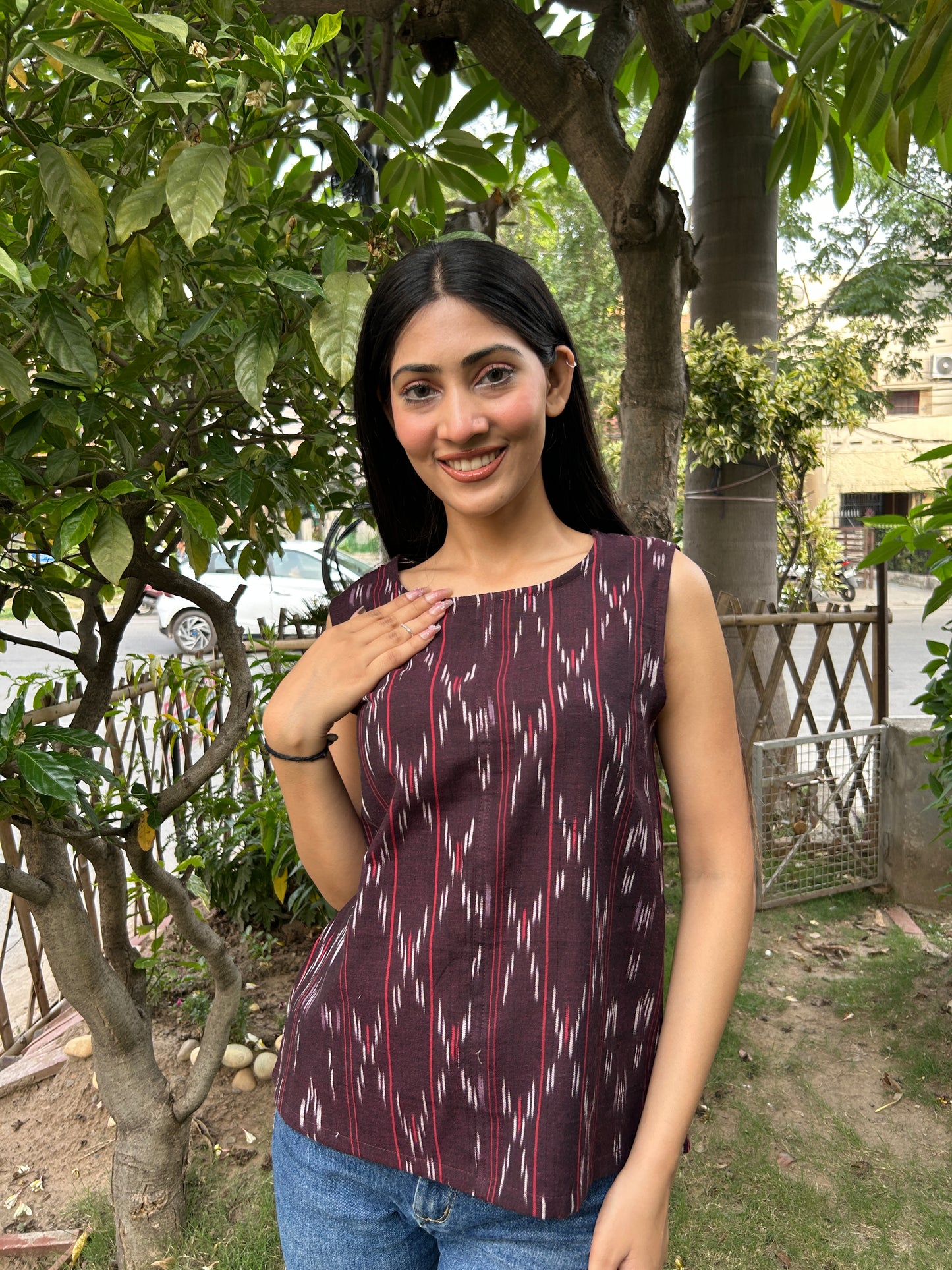 Maroon Ikkat Short Top