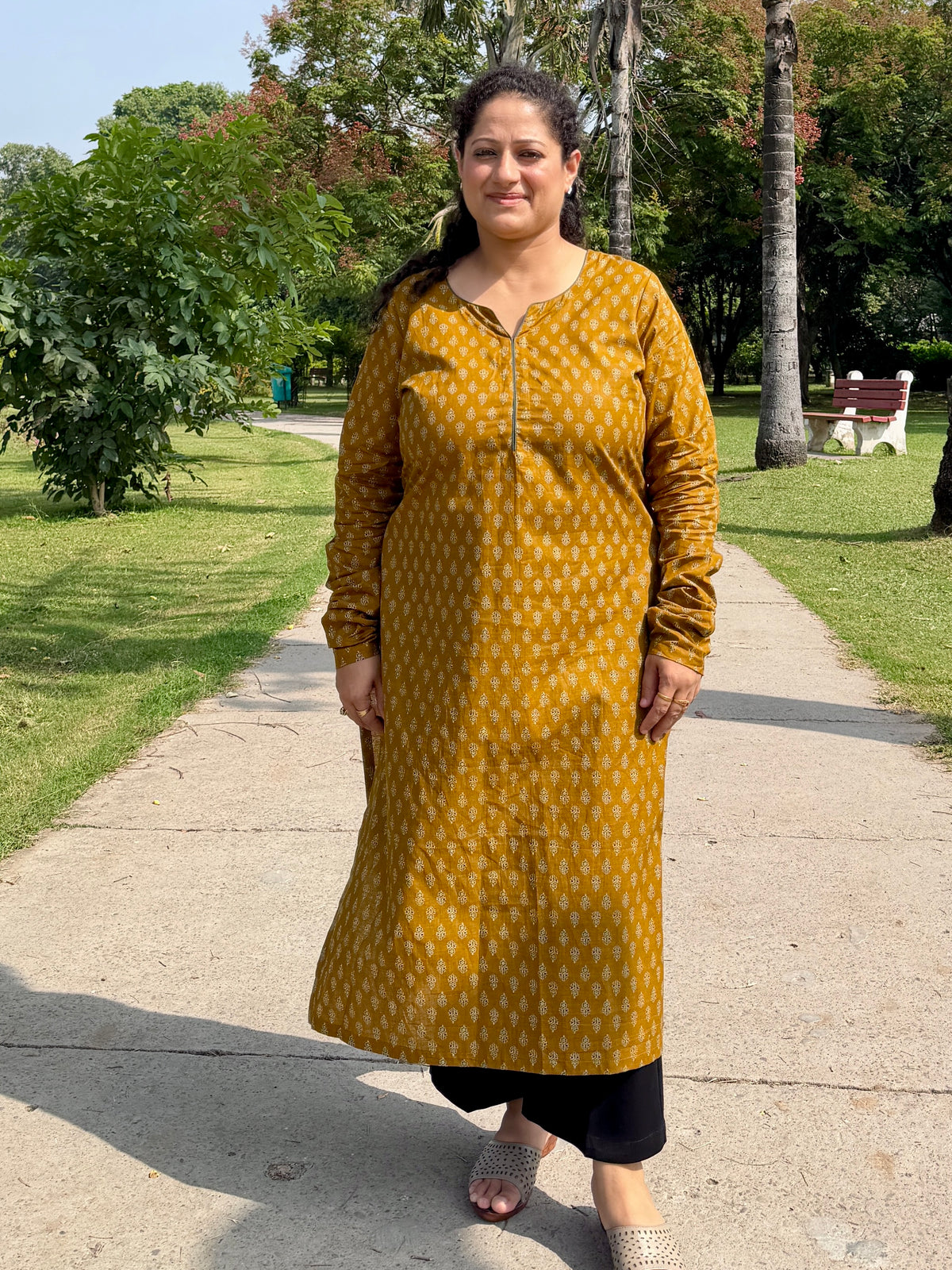 Mustard Buti 100% Cotton Kurta with Chudi Sleeves