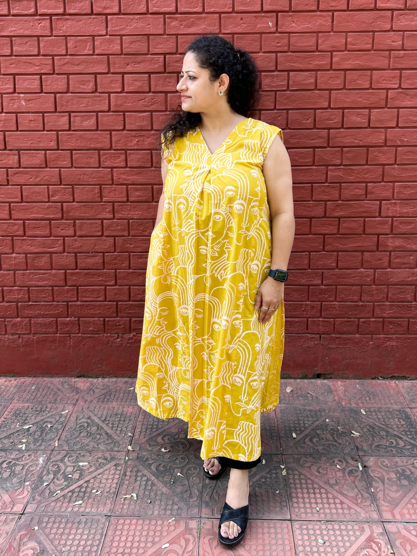 Mustard Hand-Sketch A-Line Kurta” with pockets ⭐