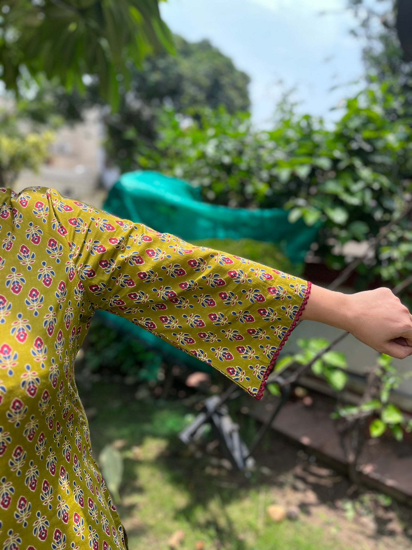 Olive Block Print Cotton Kurti