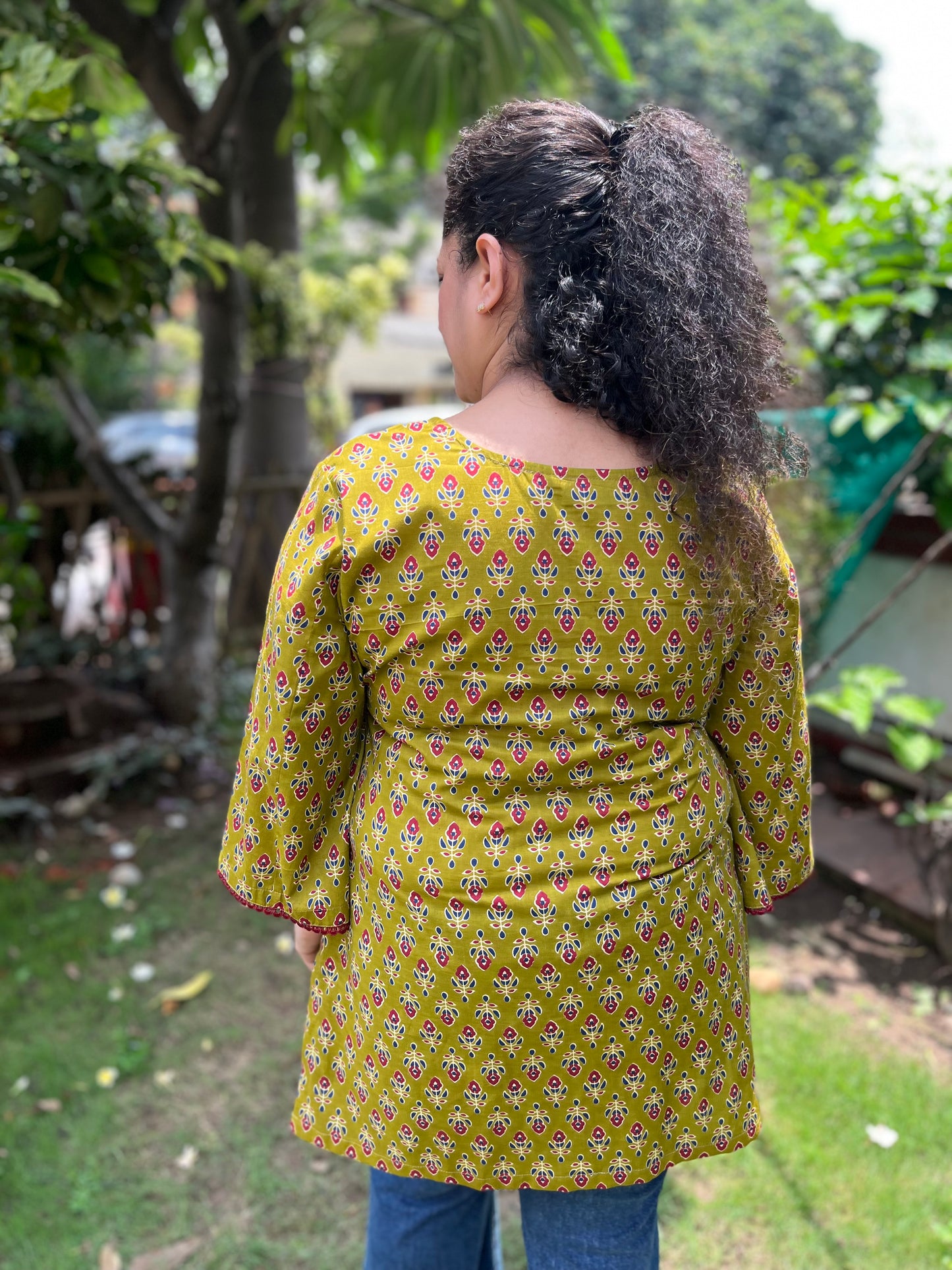 Olive Block Print Cotton Kurti