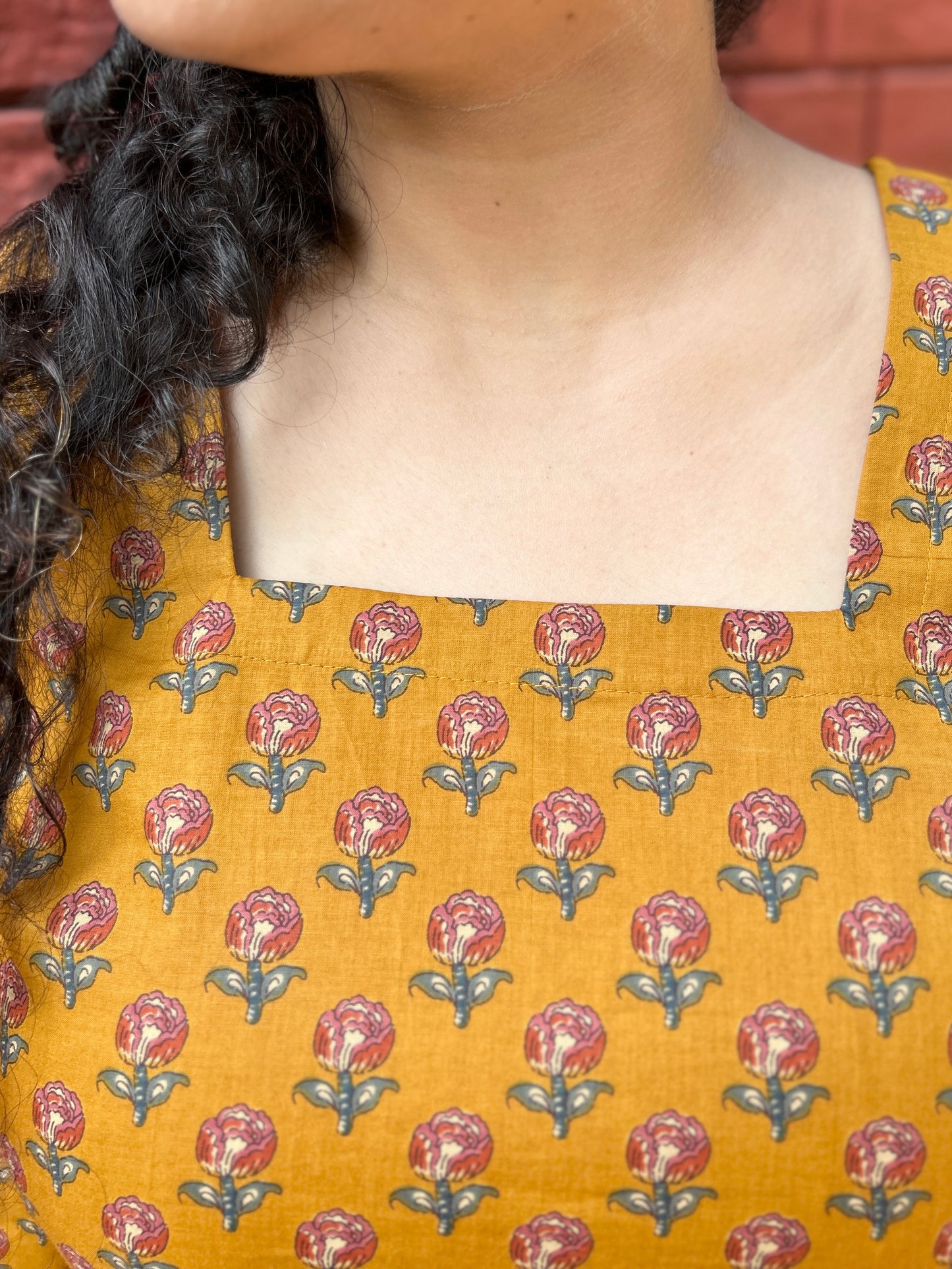 Mustard Floral Handblock Printed Cotton Kurti