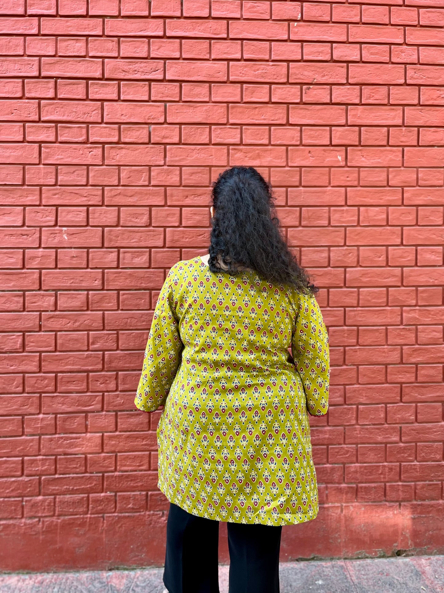 Olive Block Print Cotton Kurti