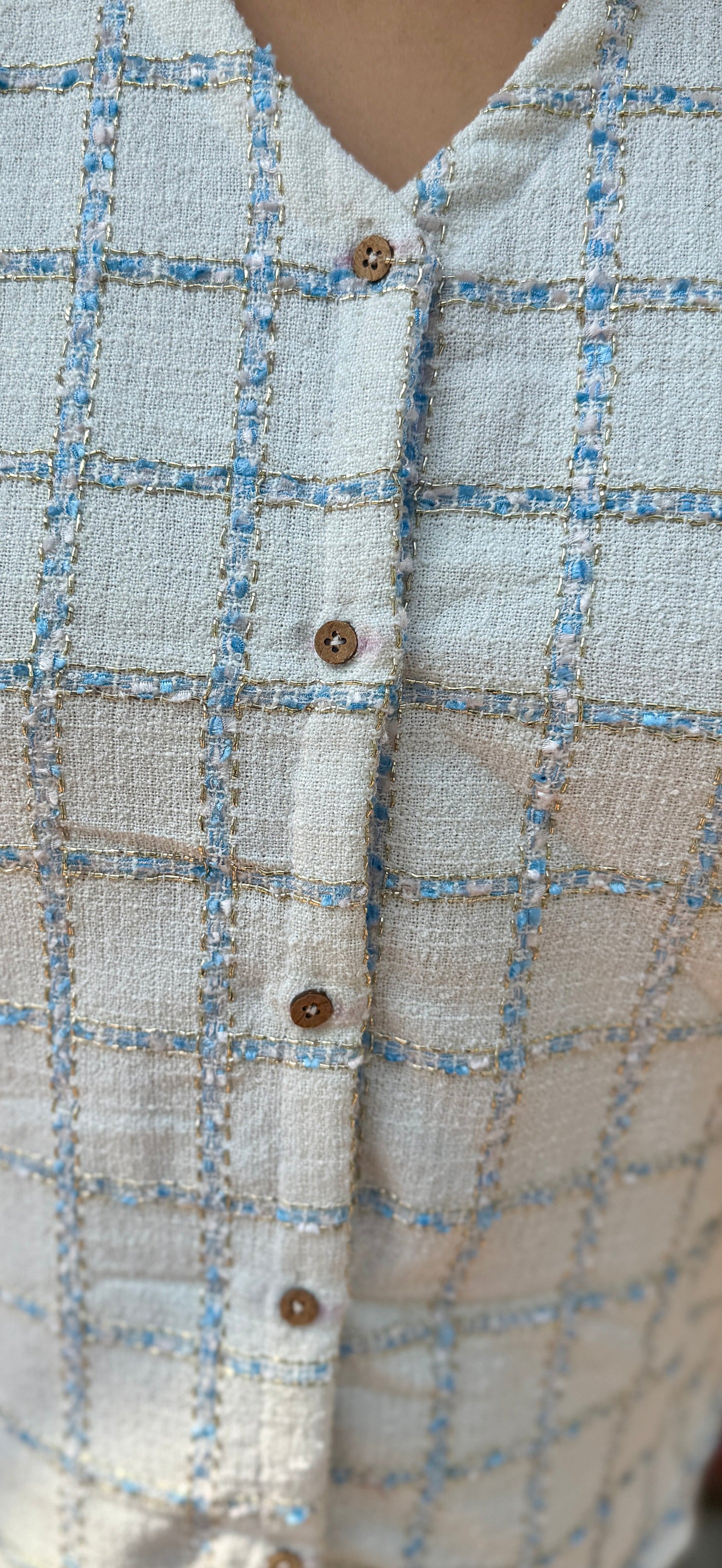 White blue check shirt