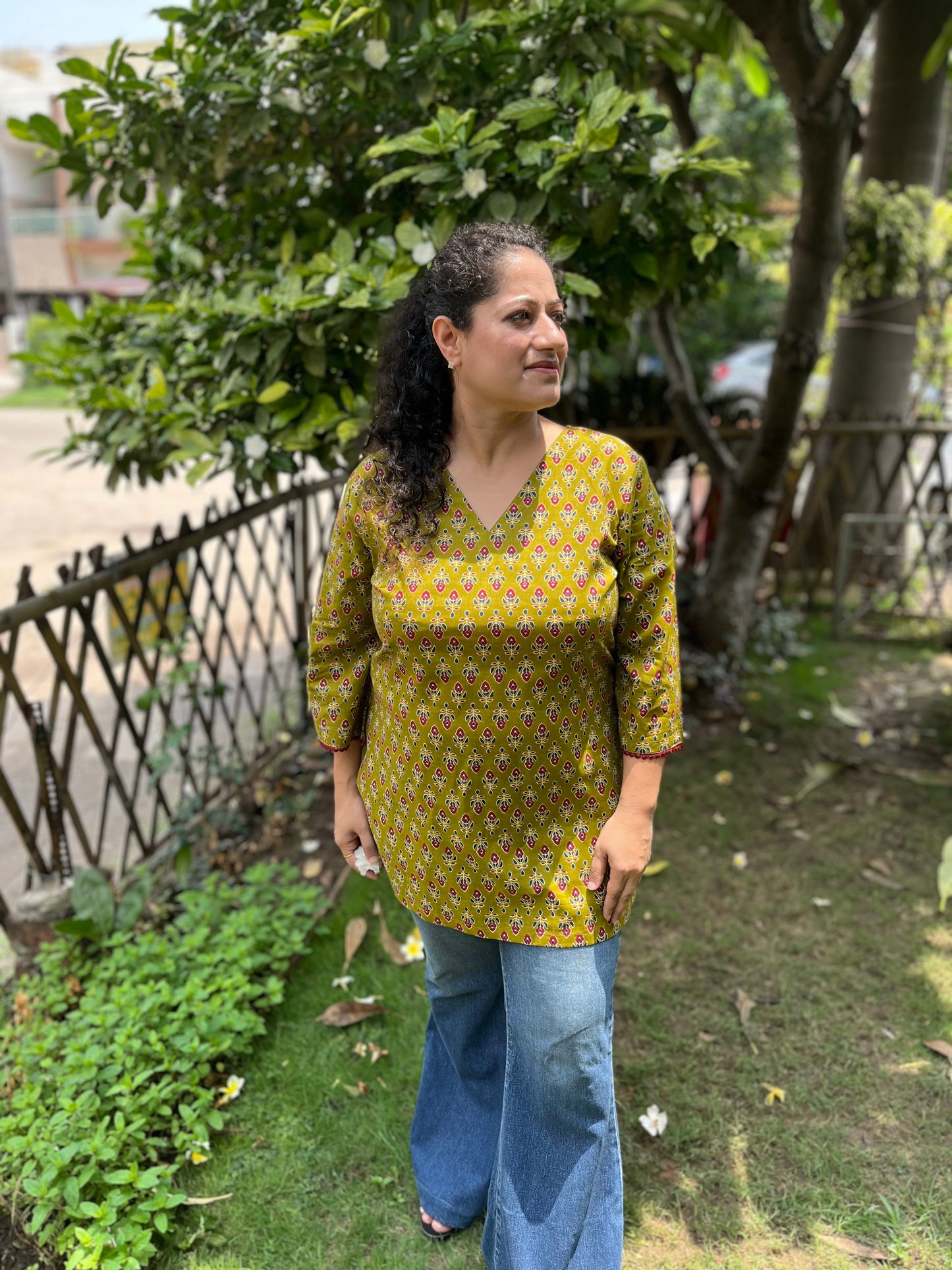 Olive Block Print Cotton Kurti