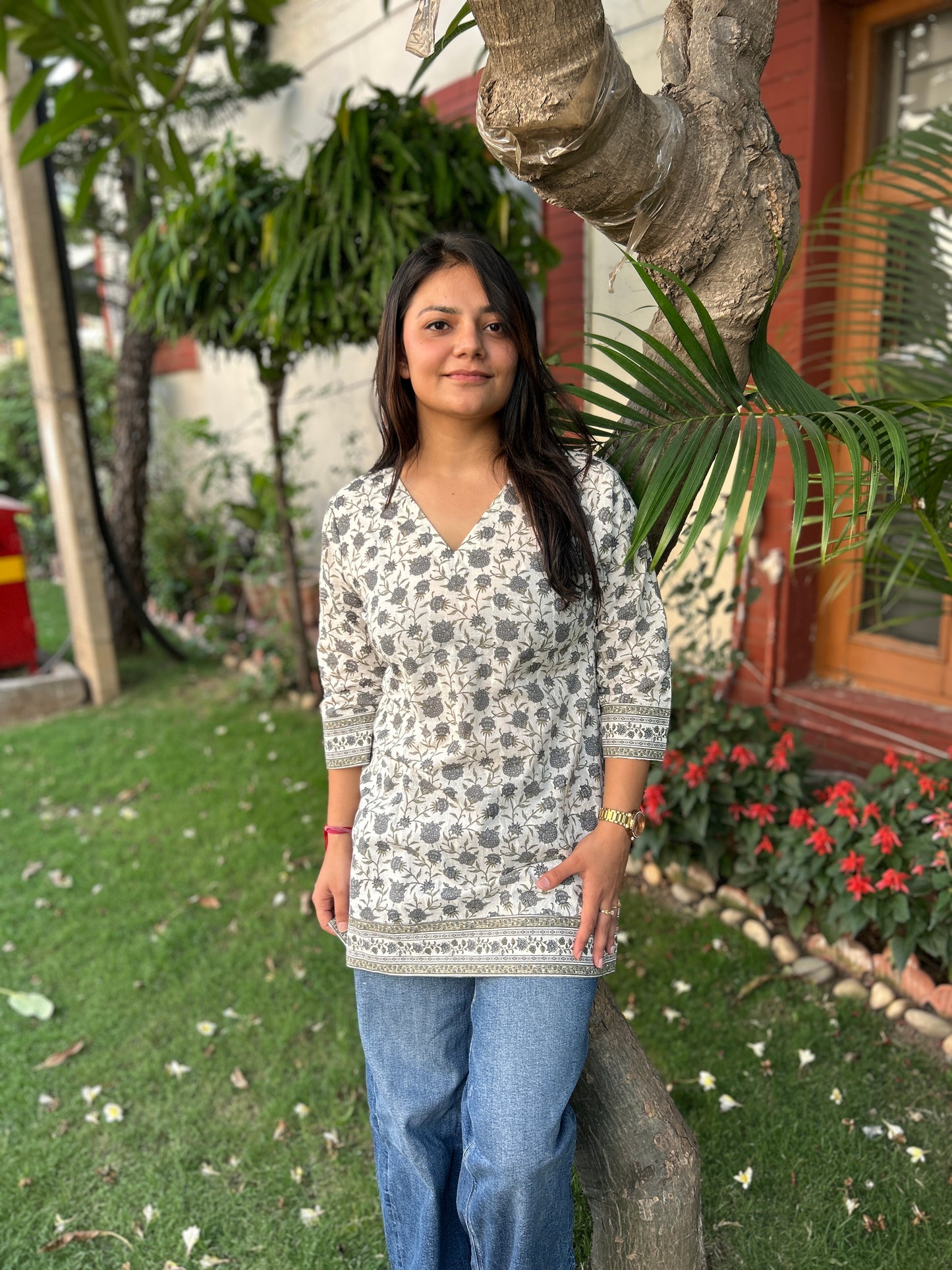 White and grey floral short kurti