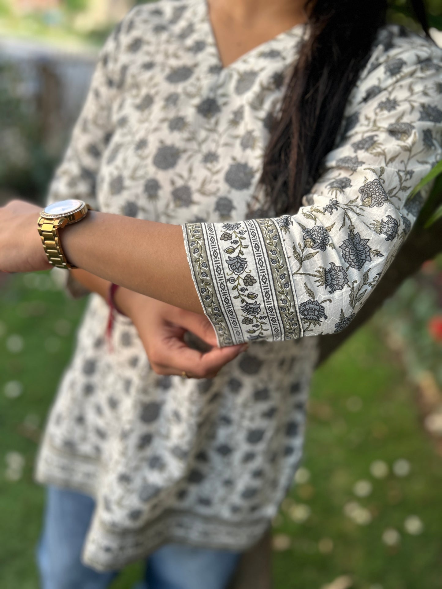 White and grey floral short kurti