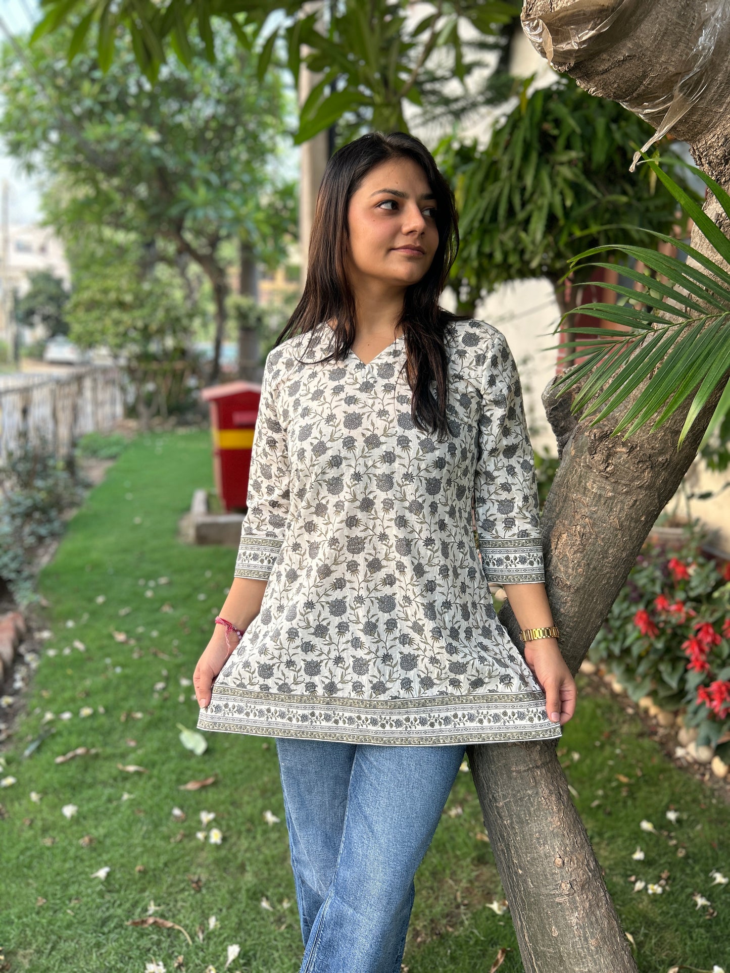 White and grey floral short kurti