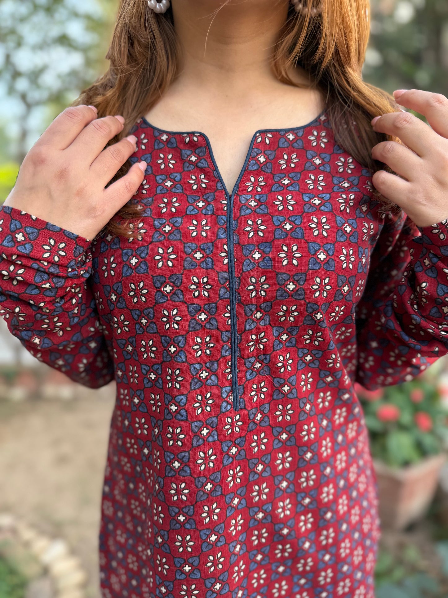 Maroon Geometric Print Kurta