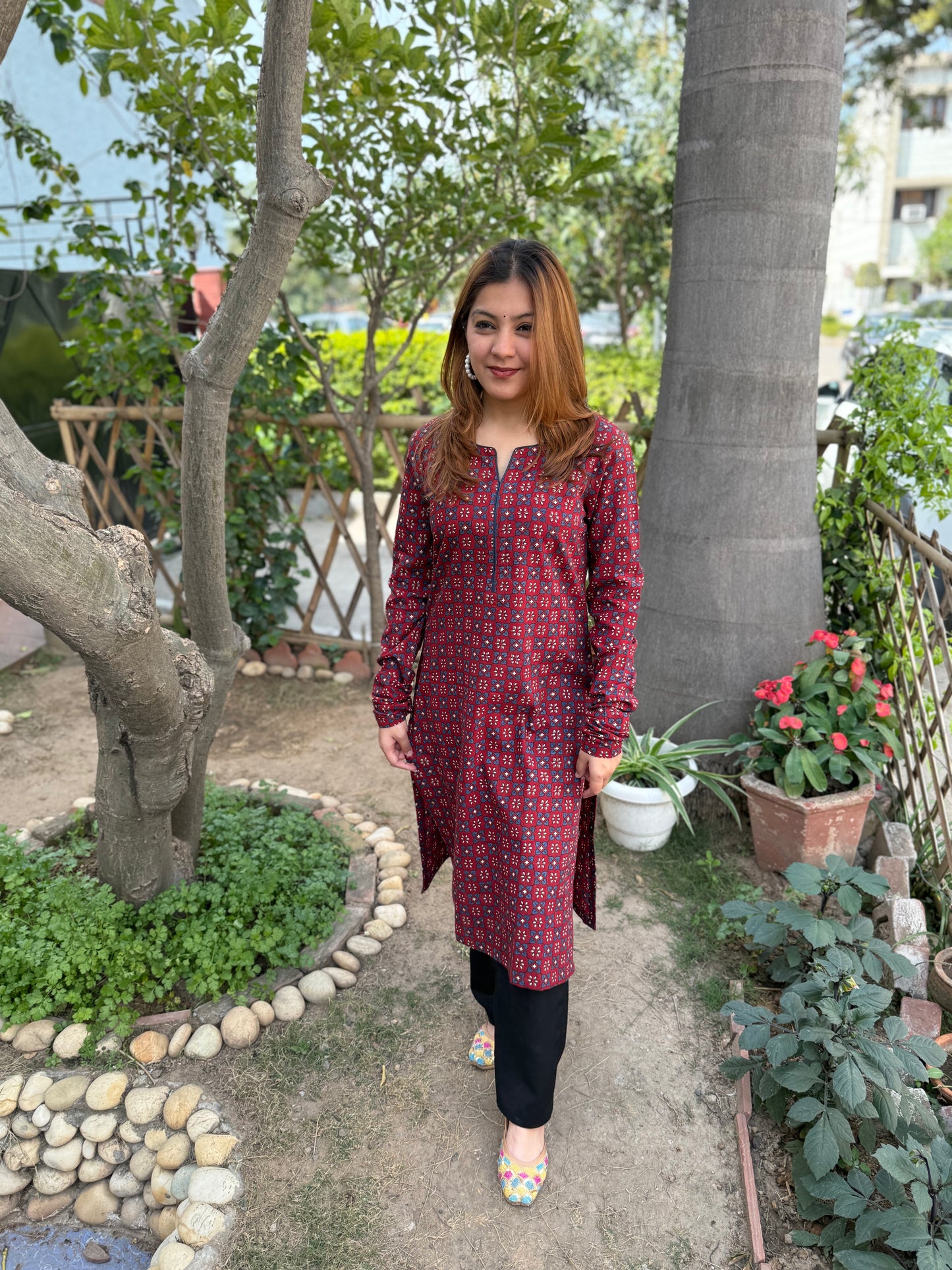 Maroon Geometric Print Kurta