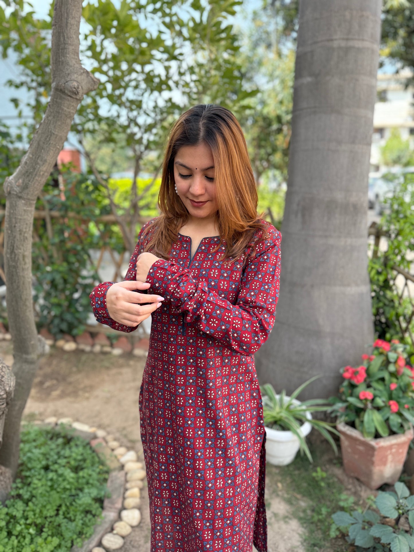 Maroon Geometric Print Kurta
