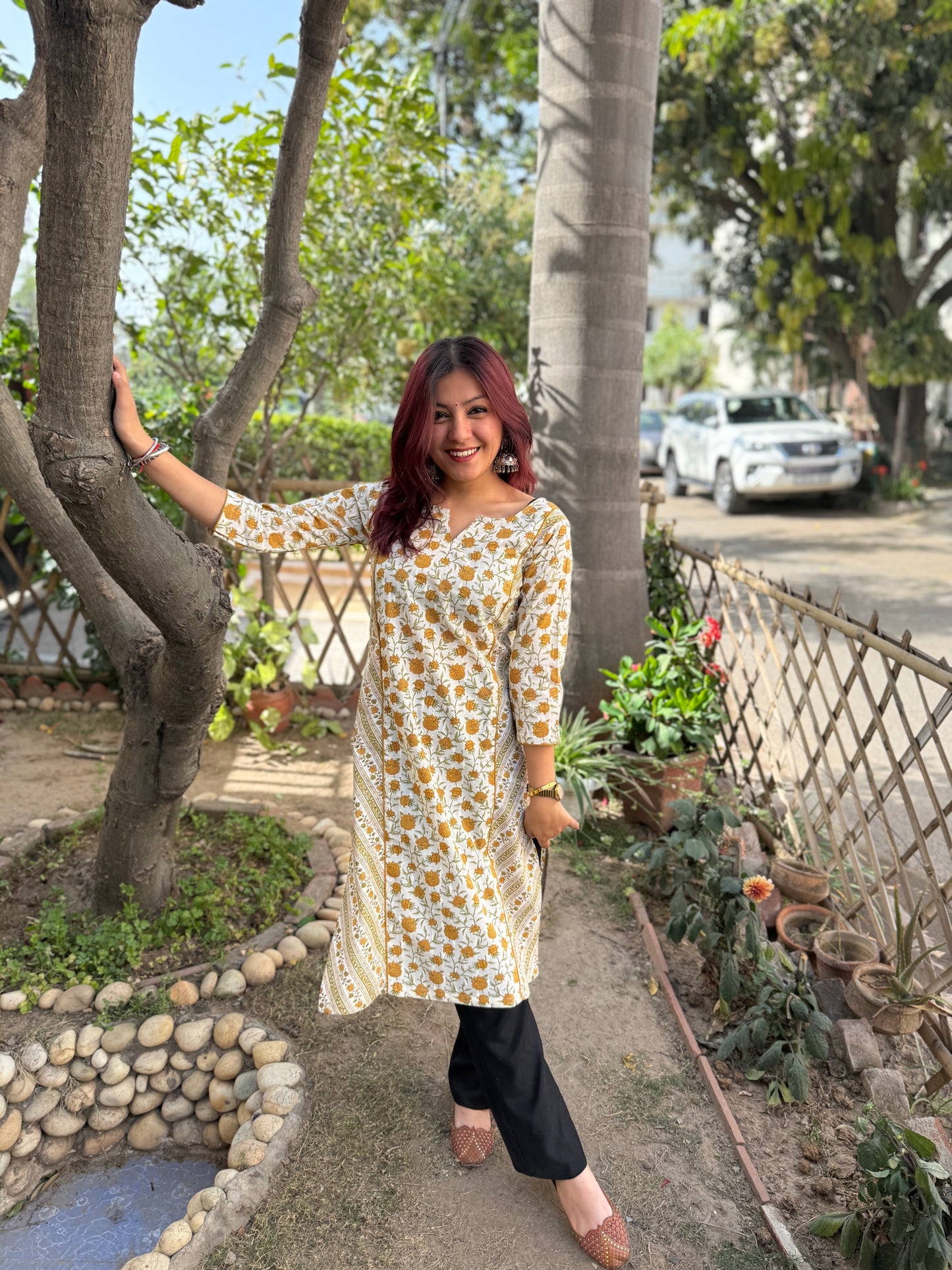 Mustard Floral Sanganeri kurta