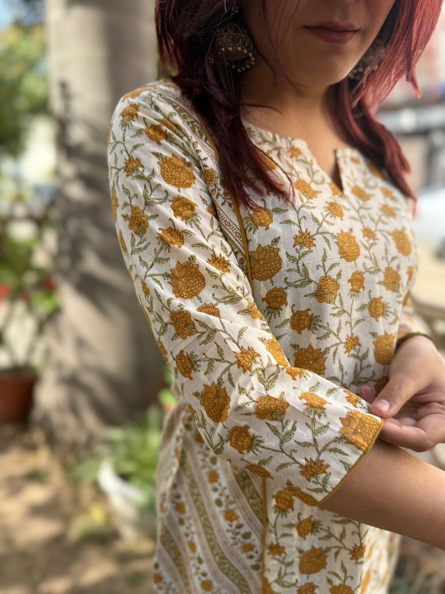 Mustard Floral Sanganeri kurta