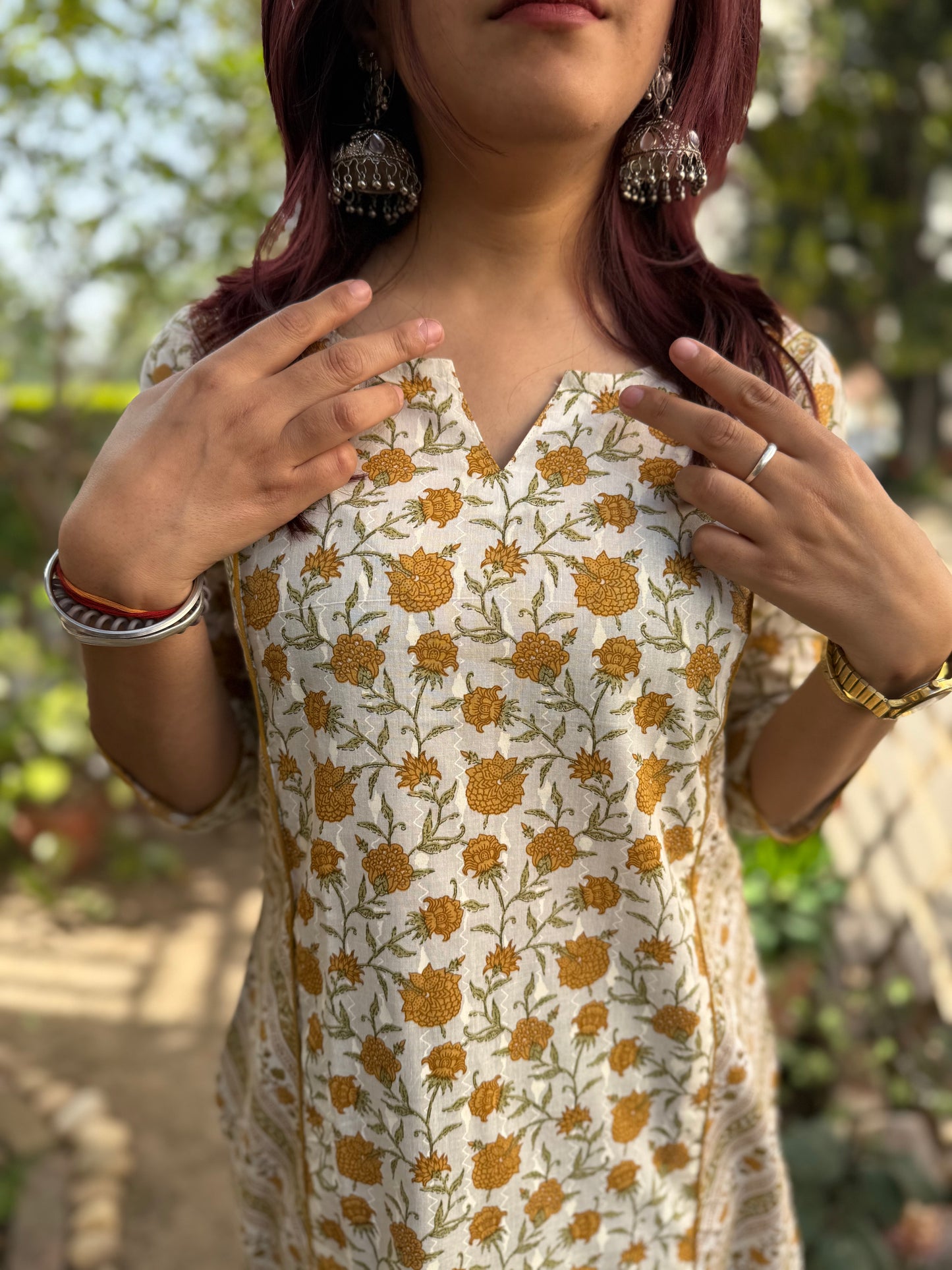 Mustard Floral Sanganeri kurta