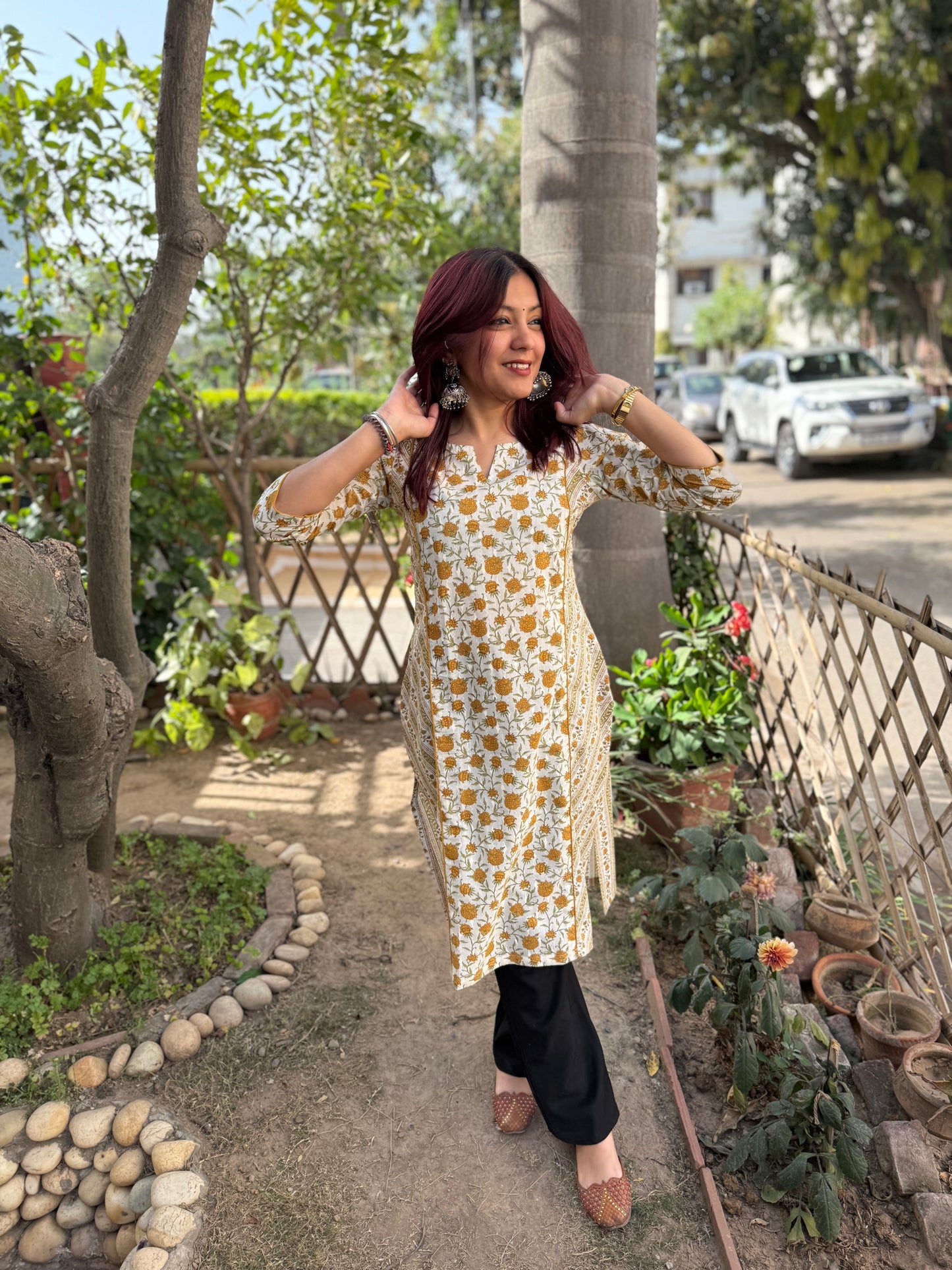 Mustard Floral Sanganeri kurta