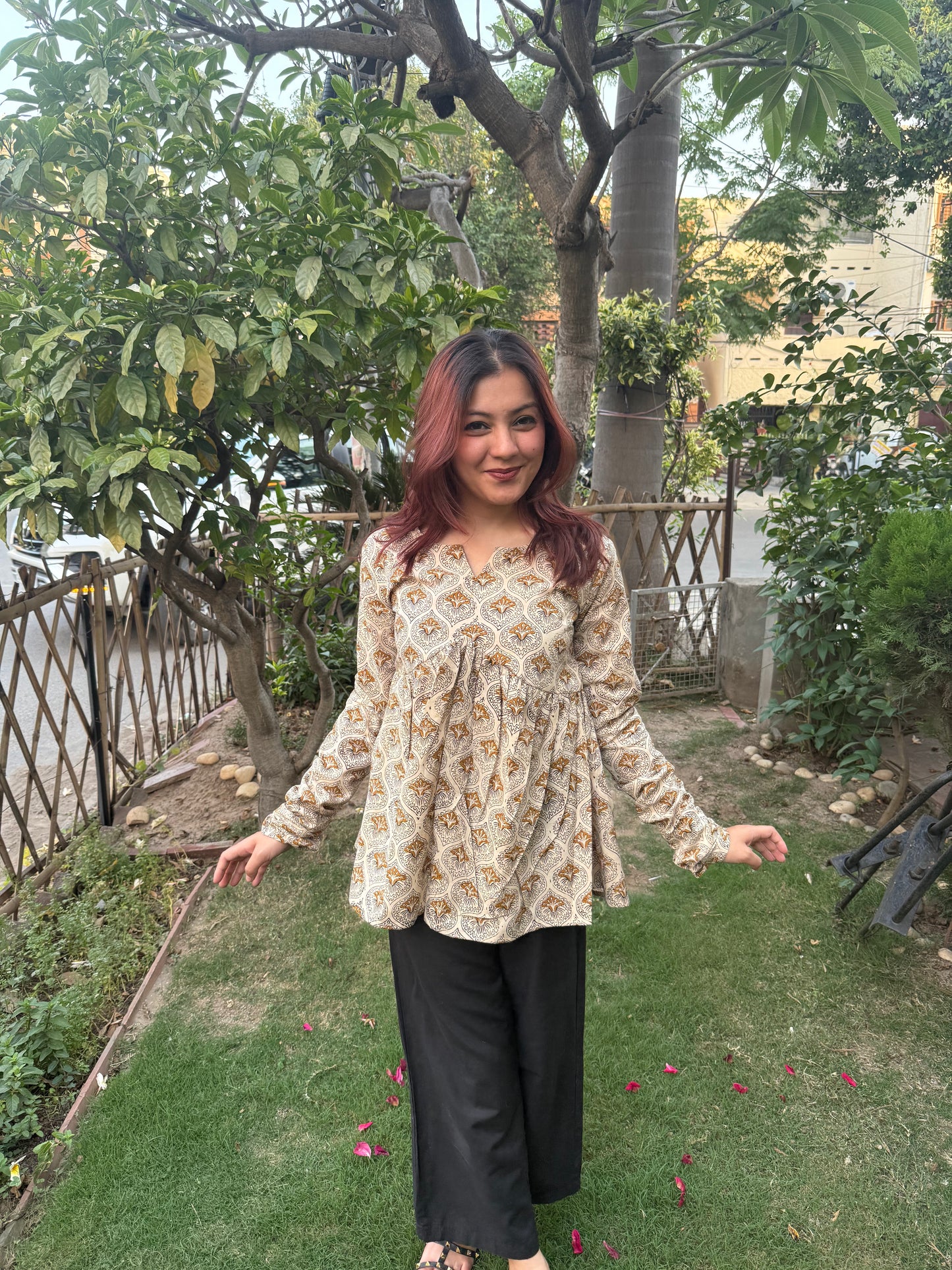 Beige Chudhi Sleeves Gather Top