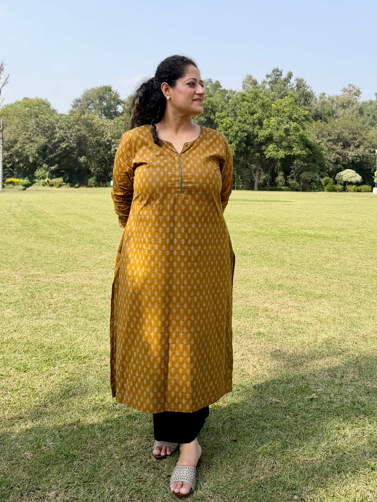 Mustard Buti 100% Cotton Kurta with Chudi Sleeves