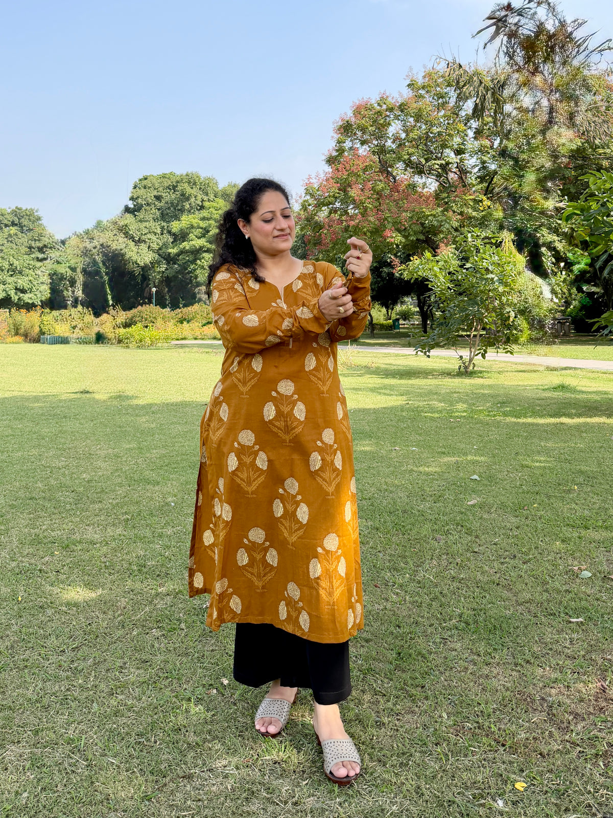 Mustard Leaf Print Kurta