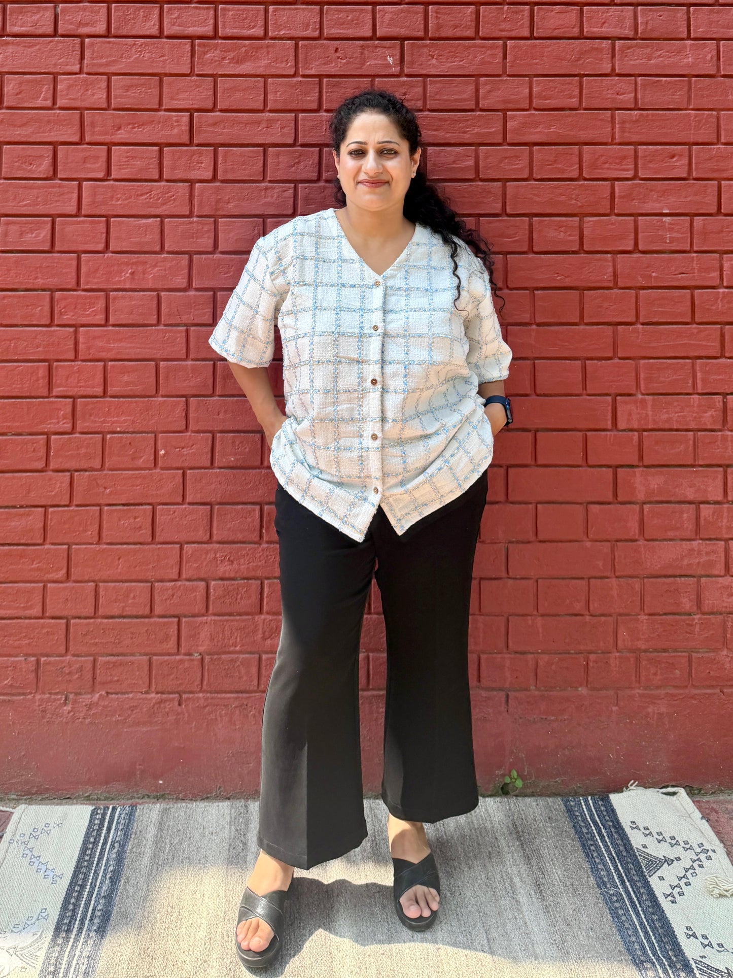 White blue check shirt