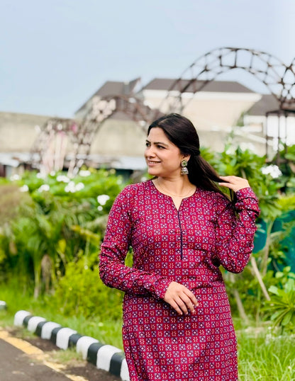 Maroon Geometric Print Kurta