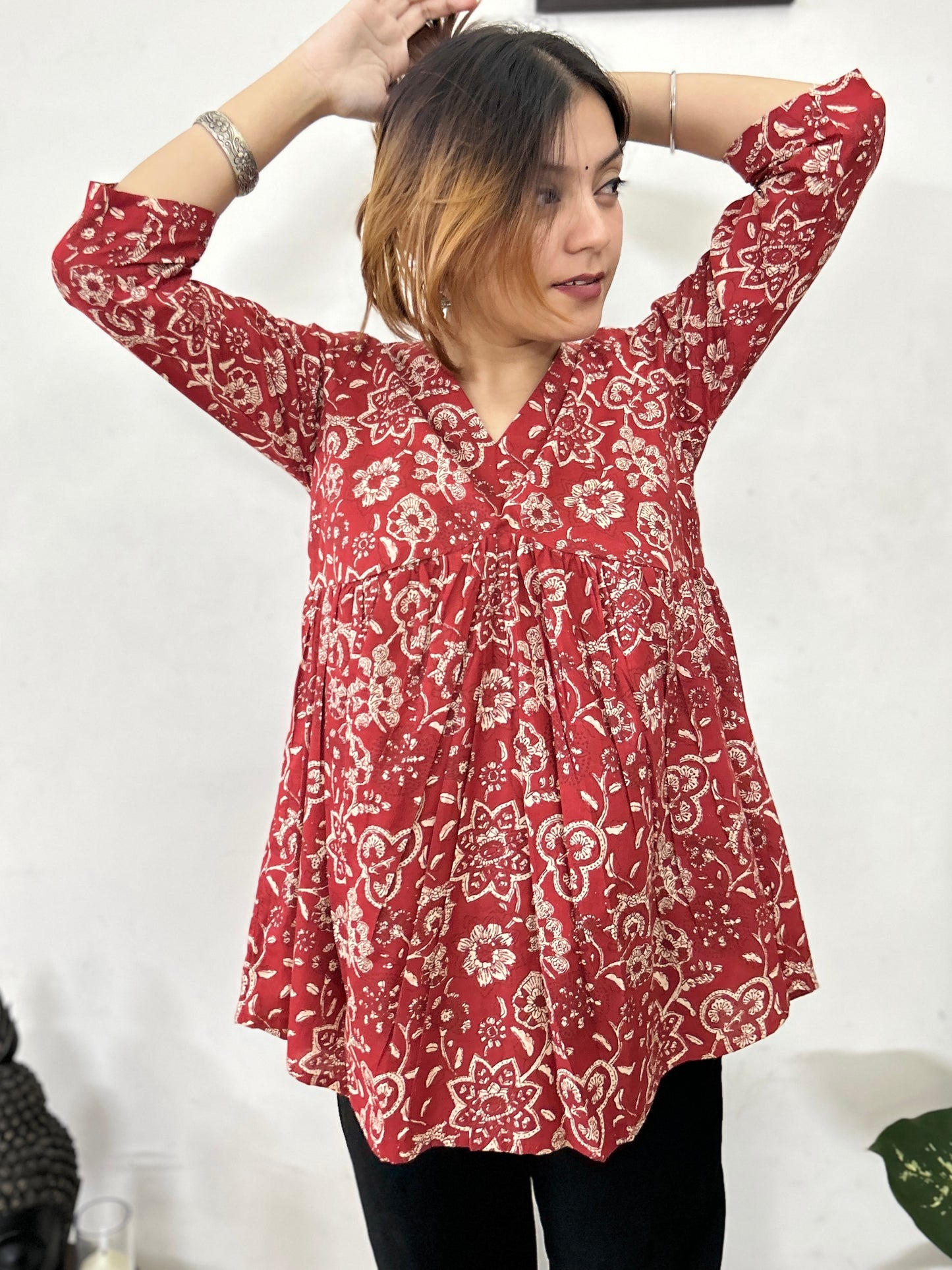 Red Floral Printed Flared Kurti
