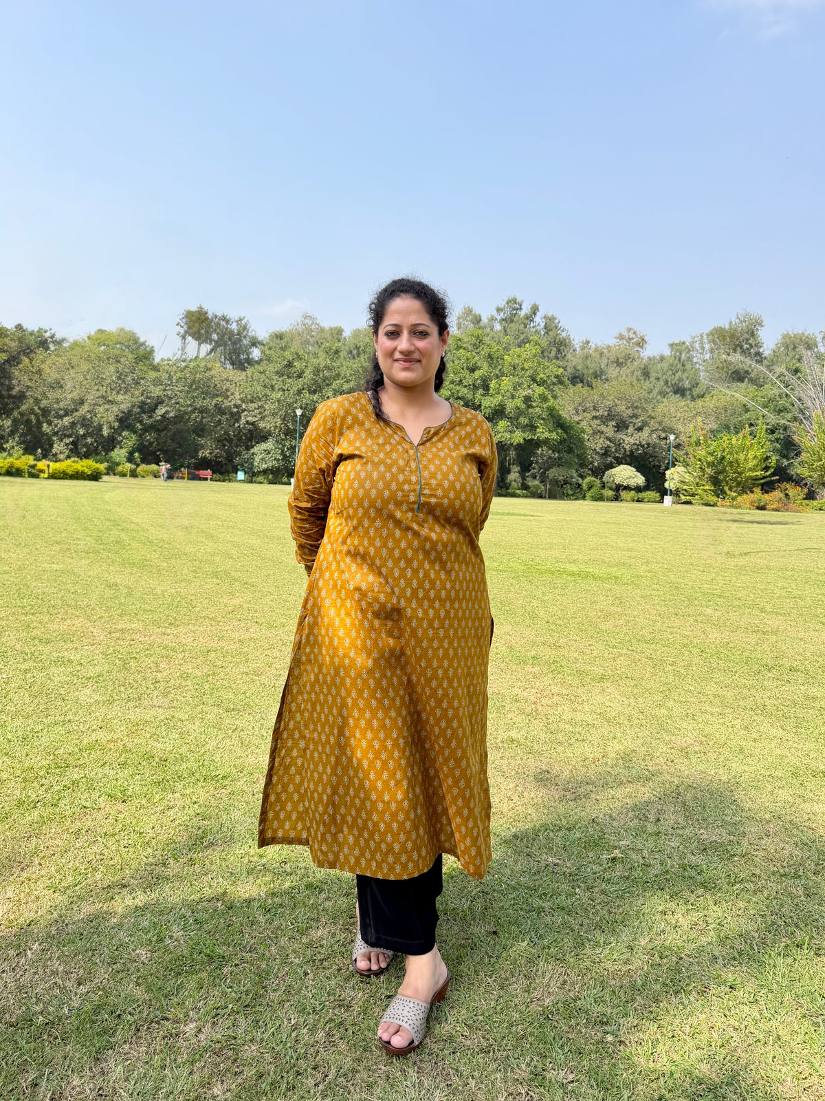 Mustard Buti 100% Cotton Kurta with Chudi Sleeves