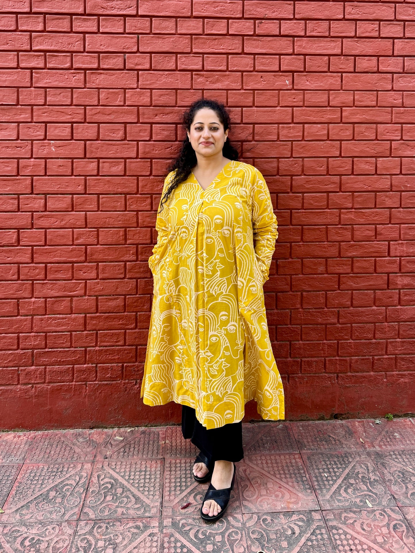 Mustard Hand-Sketch A-Line Kurta” with pockets ⭐