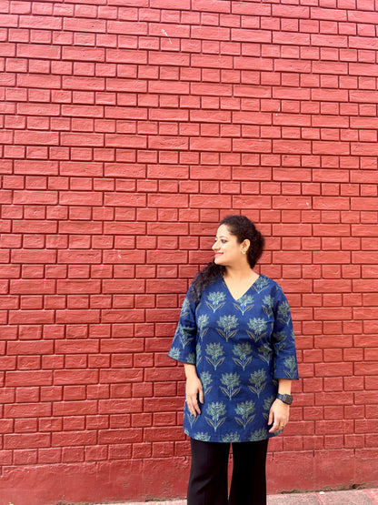 Midnight Bloom Indigo Cotton Kurti
