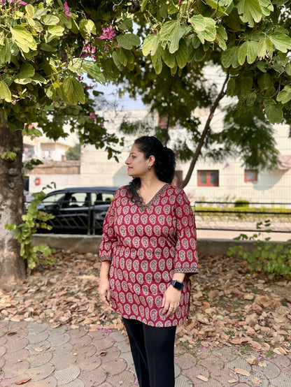 Maroon Paisley Handblock Cotton Kurti