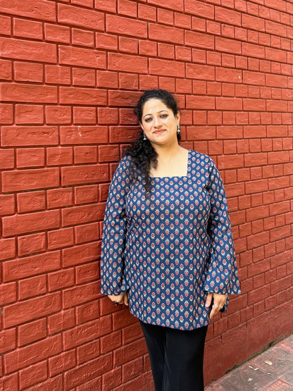 Indigo Ethnic Motif Flared Sleeve Kurti