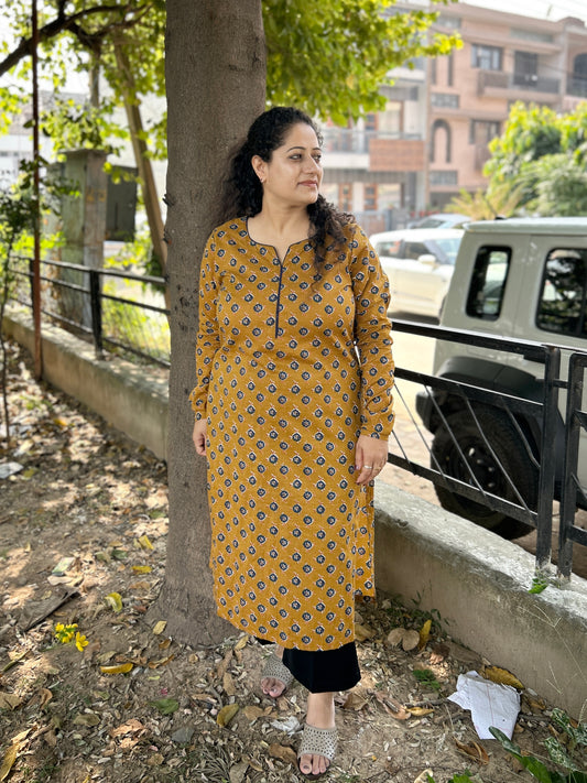 Mustard Handblock Long Kurti