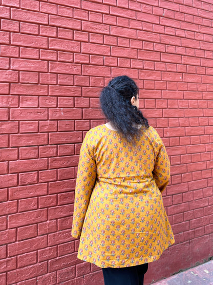 Mustard Floral Handblock Printed Cotton Kurti