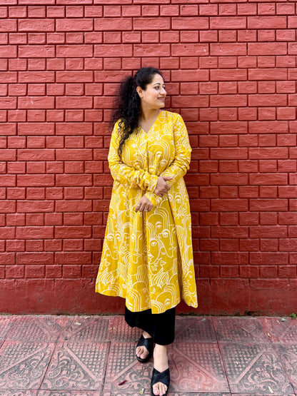 Mustard Hand-Sketch A-Line Kurta” with pockets ⭐