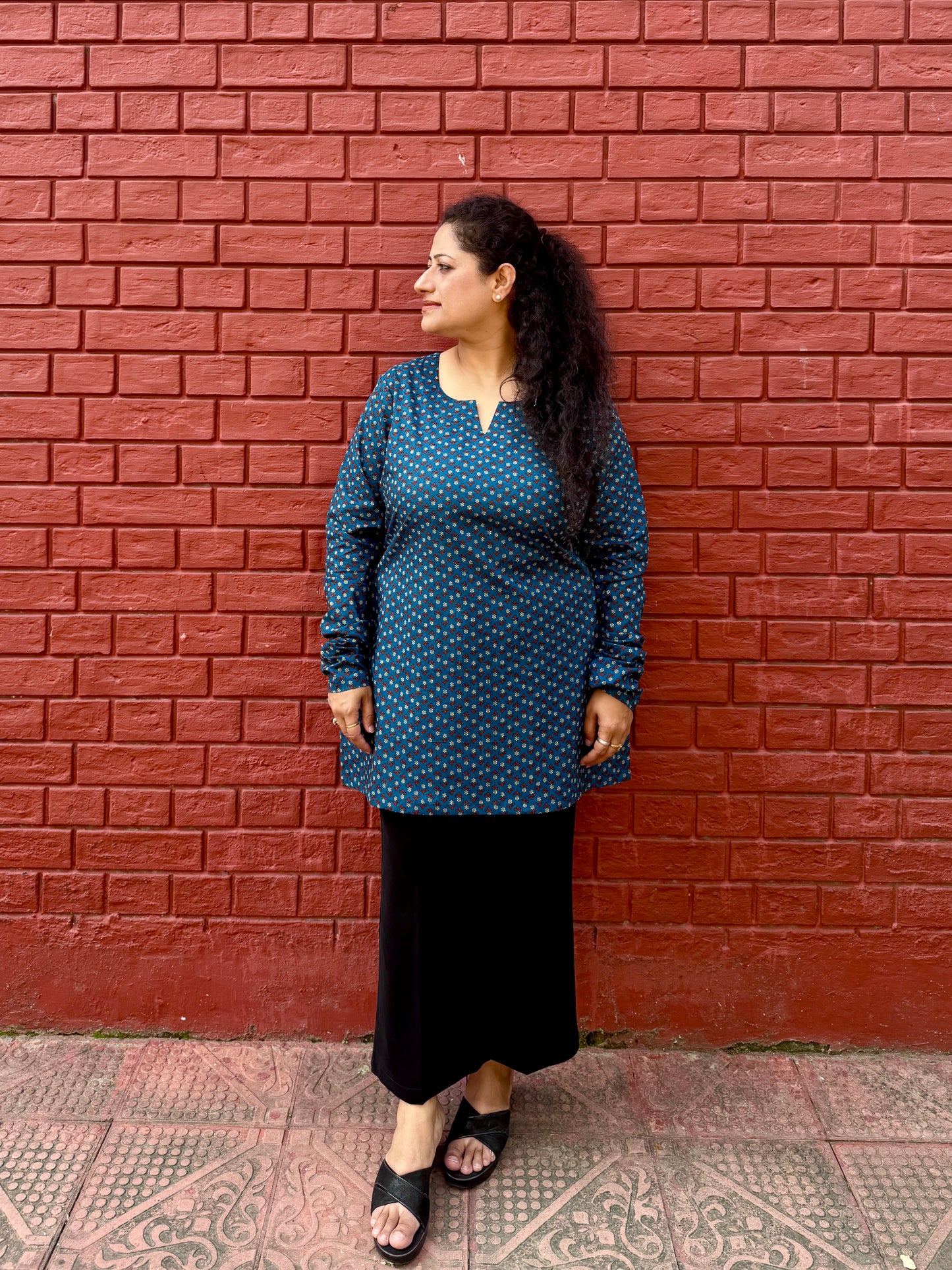 Teal Printed Cotton Kurta