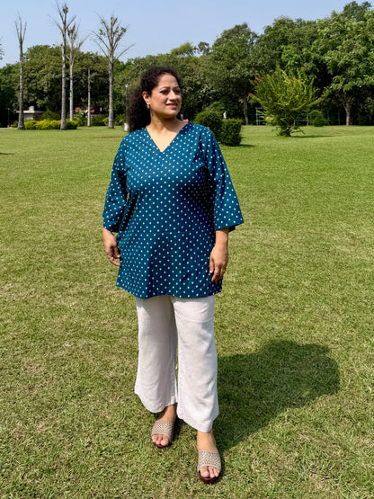 Blue Dot 100% Cotton Kurta with Bell Sleeves