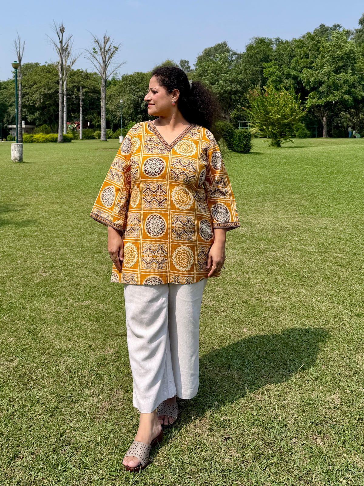 Mustard Block 100% Cotton Kurta with Bell Sleeves