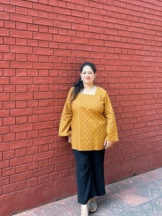 Mustard Floral Handblock Printed Cotton Kurti