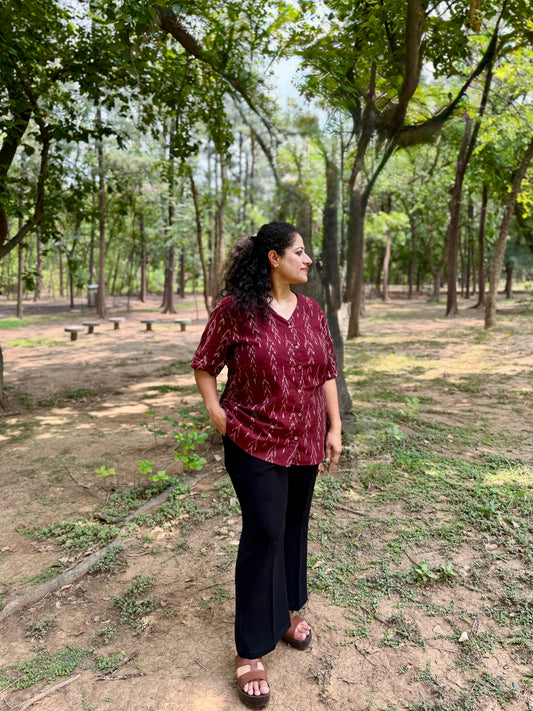 Maroon Ikkat Shirt 100% Cotton with Anti Fit, Loose Fit & Hip Coverage