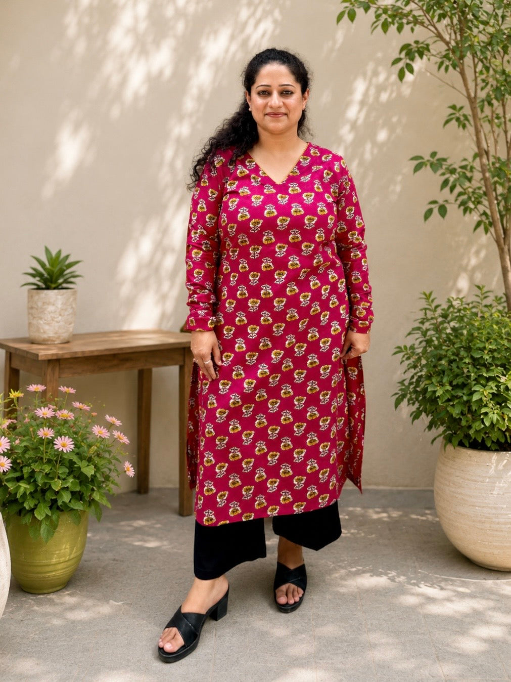 Magenta Bloom V-Neck Kurta