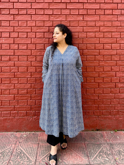 Navy checks A-line kurta with pockets ✨