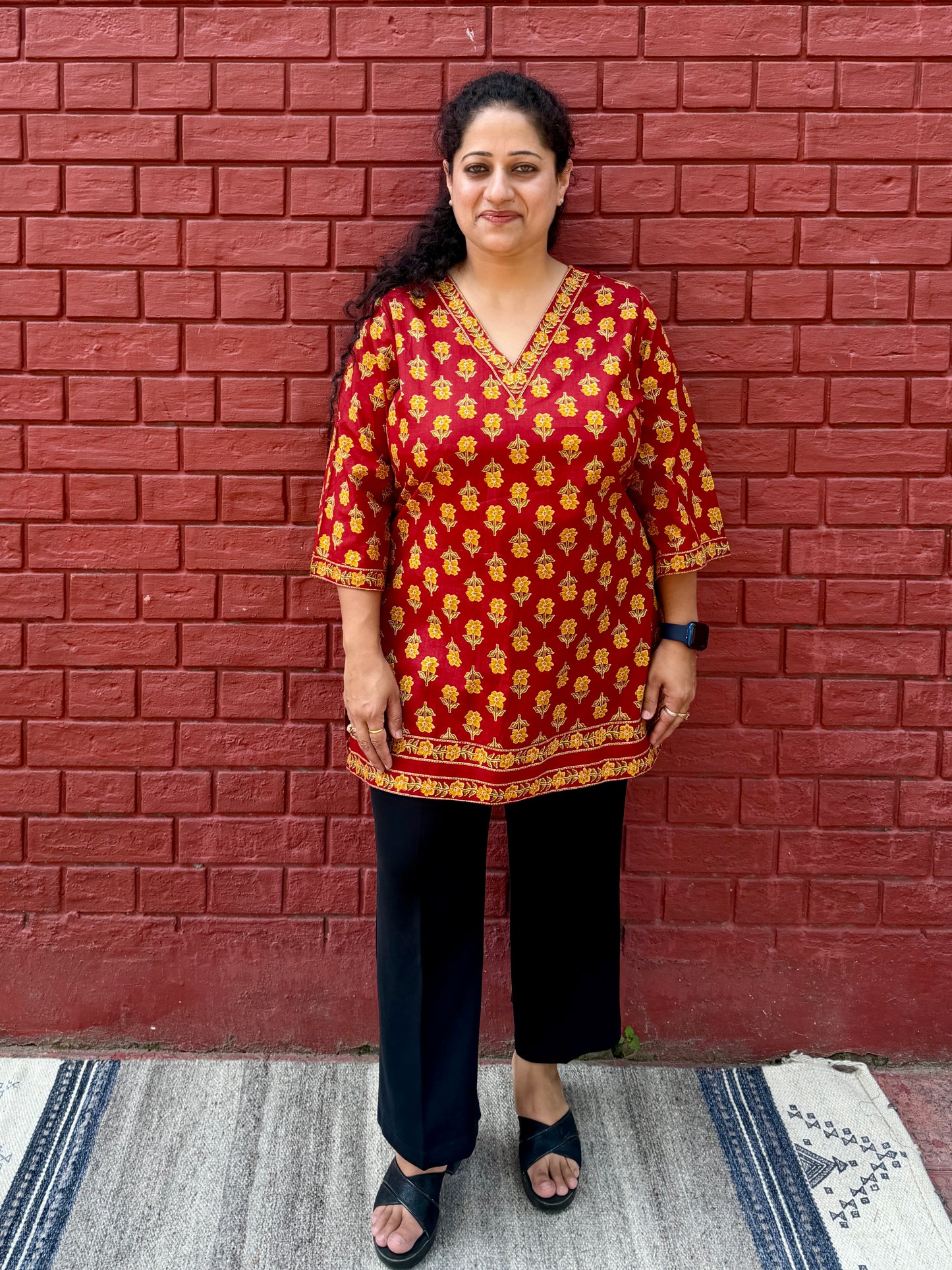 Red floral short kurta
