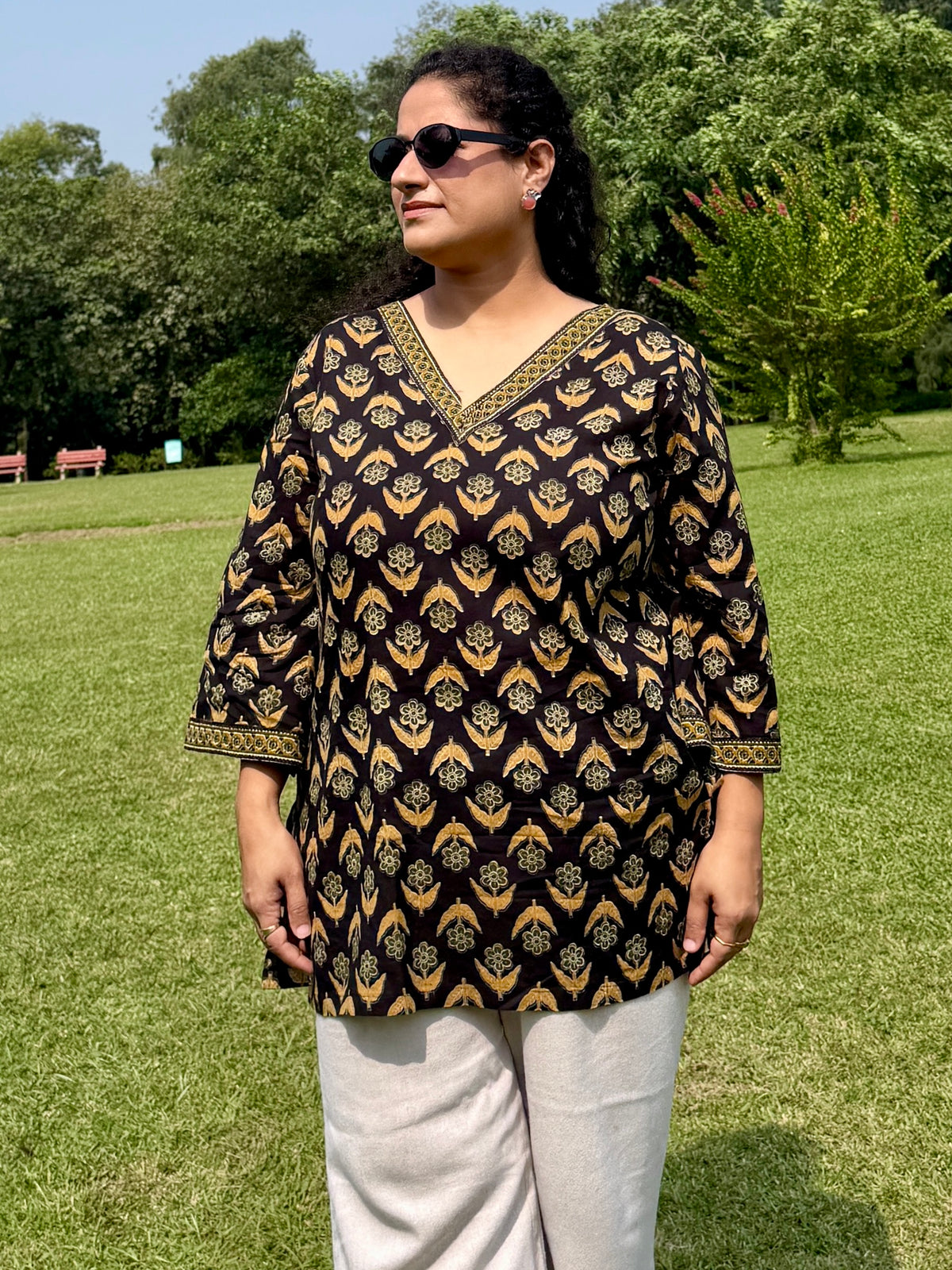 Noor Black Printed 100% Cotton Kurta with Bell Sleeves