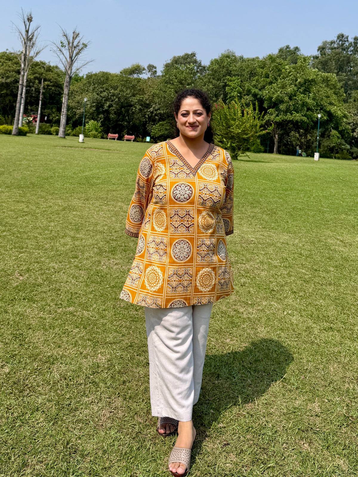 Mustard Block 100% Cotton Kurta with Bell Sleeves