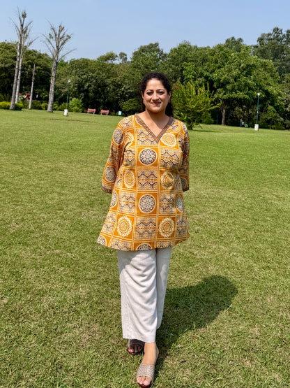 Mustard Block 100% Cotton Kurta with Bell Sleeves