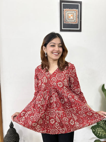 Red Floral Printed Flared Kurti