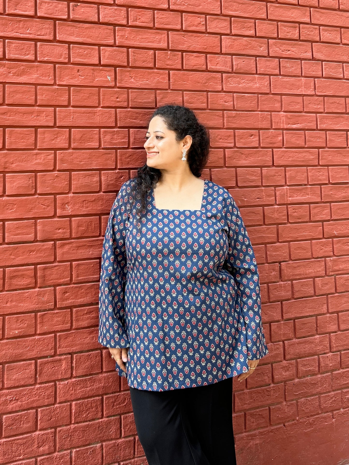 Indigo Ethnic Motif Flared Sleeve Kurti