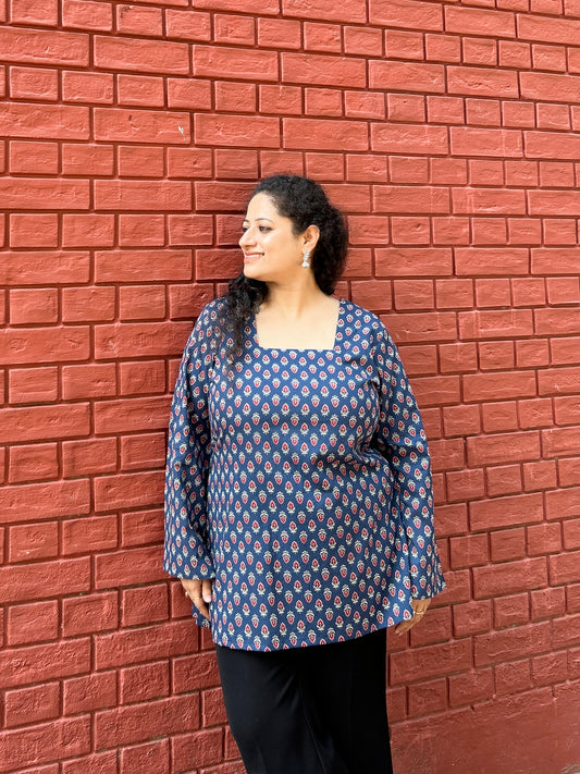 Indigo Ethnic Motif Flared Sleeve Kurti