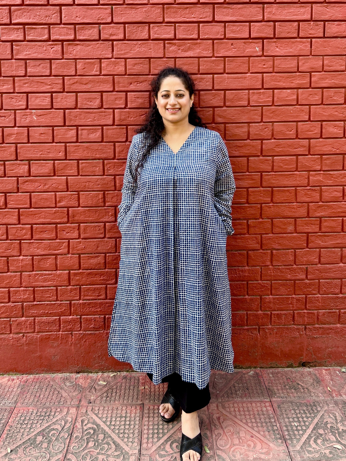 Navy checks A-line kurta with pockets ✨