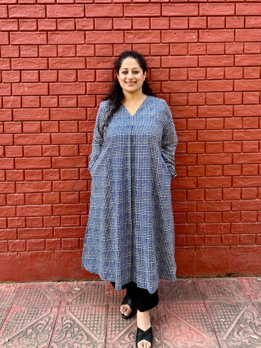 Navy checks A-line kurta with pockets ✨