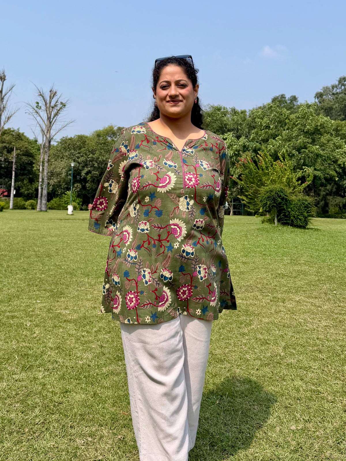 Green Floral 100% Cotton Kurta with Bell Sleeves